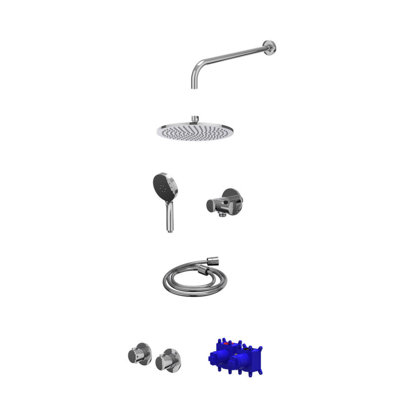 Regendoucheset inbouwthermostaatkraan met 2-weg stop-omstel symmetry, 40cm wandarm, R25cmME, verstelbare steun met geïnt. uitlaat, doucheslang 150cm en 3-standen handdouche