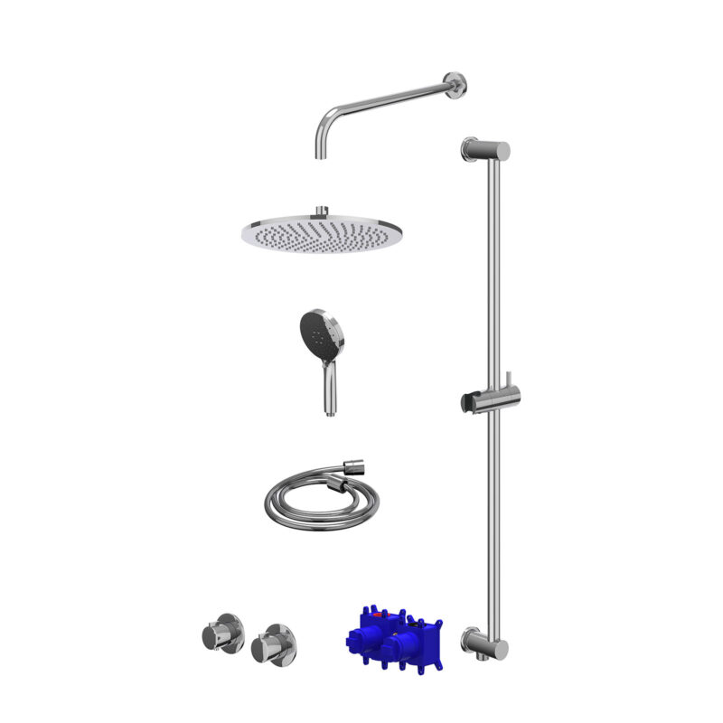 Regendoucheset inbouwthermostaatkraan met 2-weg stop-omstel symmetry, 40cm wandarm, R30cmME, glijstang met uitlaat, doucheslang 150cm en 3-standen handdouche