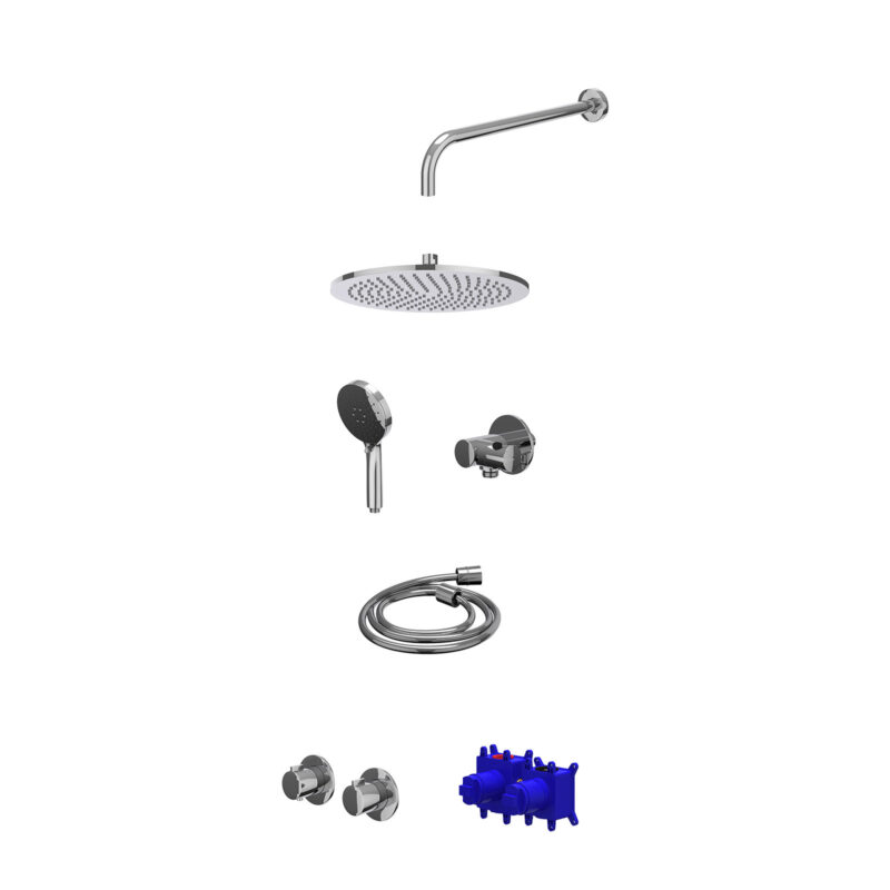 Regendoucheset inbouwthermostaatkraan met 2-weg stop-omstel symmetry, 40cm wandarm, R30cmME, verstelbare steun met geïnt. uitlaat, doucheslang 150cm en 3-standen handdouche