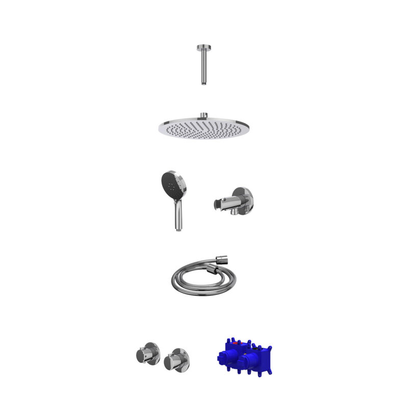 Regendoucheset inbouwthermostaatkraan met 2-weg stop-omstel symmetry, 15cm plafondbuis, R30cmME, houder met uitlaat, doucheslang 150cm en 3-standen handdouche