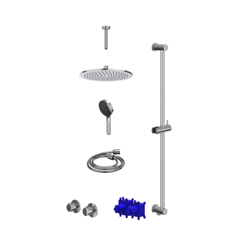 Regendoucheset inbouwthermostaatkraan met 2-weg stop-omstel symmetry, 15cm plafondbuis, R30cmME, glijstang met uitlaat, douch
