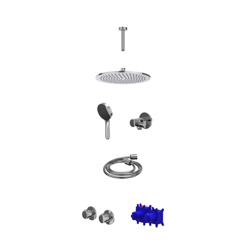 Regendoucheset inbouwthermostaatkraan met 2-weg stop-omstel symmetry, 15cm plafondbuis, R30cmME, verstelbare steun met geïnt. uitlaat, doucheslang 150cm en 3-standen handdouche