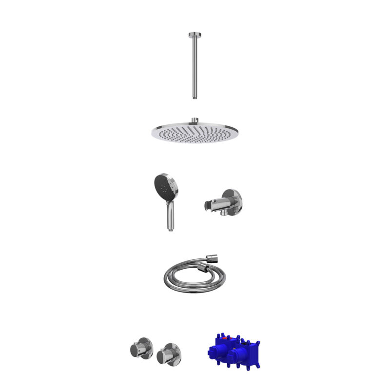 Regendoucheset inbouwthermostaatkraan met 2-weg stop-omstel symmetry, 30cm plafondbuis, R30cmME, houder met uitlaat, doucheslang 150cm en 3-standen handdouche