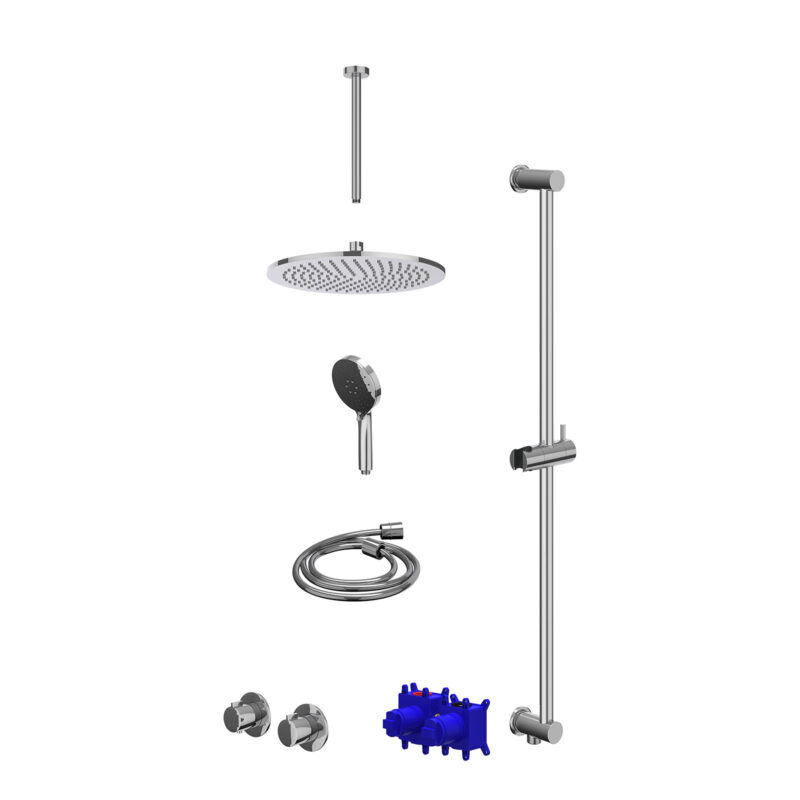 Regendoucheset inbouwthermostaatkraan met 2-weg stop-omstel symmetry, 30cm plafondbuis, R30cmME, glijstang met uitlaat, doucheslang 150cm en 3-standen handdouche