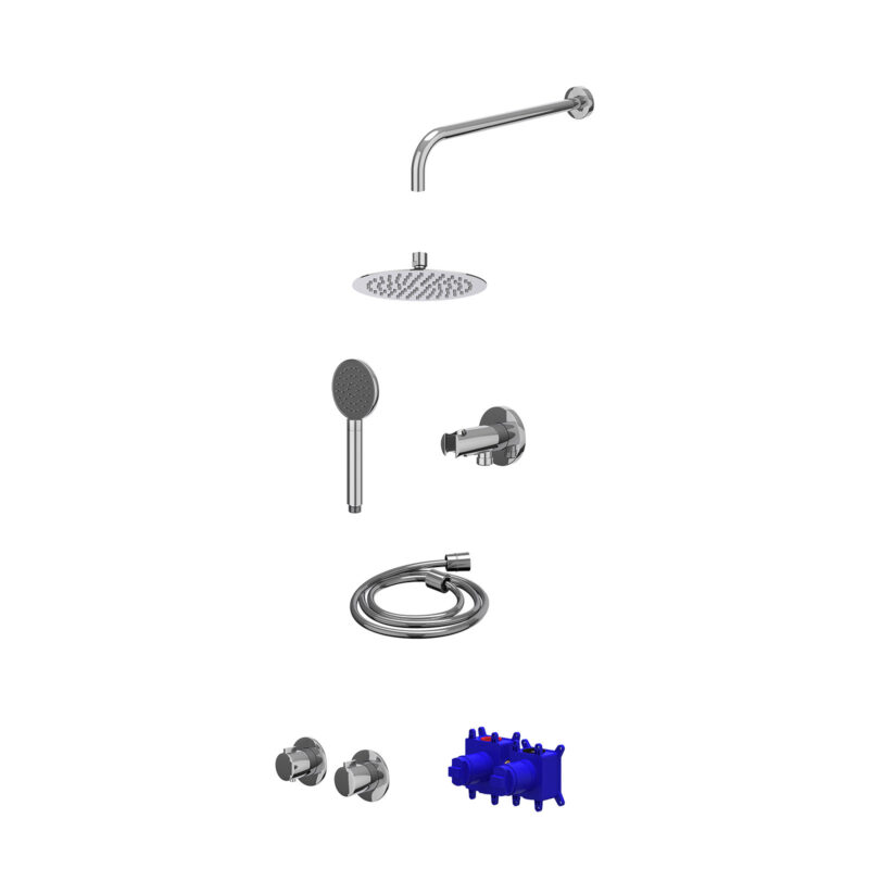 Winkelwagen 11 Regendoucheset inbouwthermostaatkraan met 2-weg stop-omstel symmetry, 40cm wandarm, R20cmSL, houder met uitlaat, doucheslang 150cm en satin spray handdouche