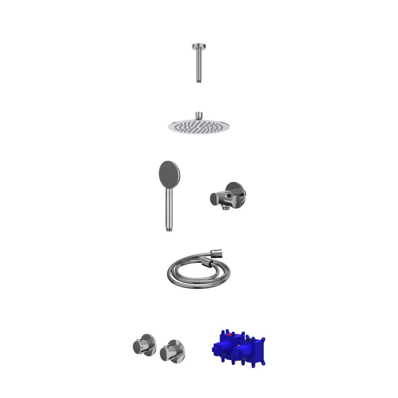 Regendoucheset inbouwthermostaatkraan met 2-weg stop-omstel symmetry, 15cm plafondbuis, R20cmSL, verstelbare steun met geïnt. uitlaat, doucheslang 150cm en satin spray handdouche