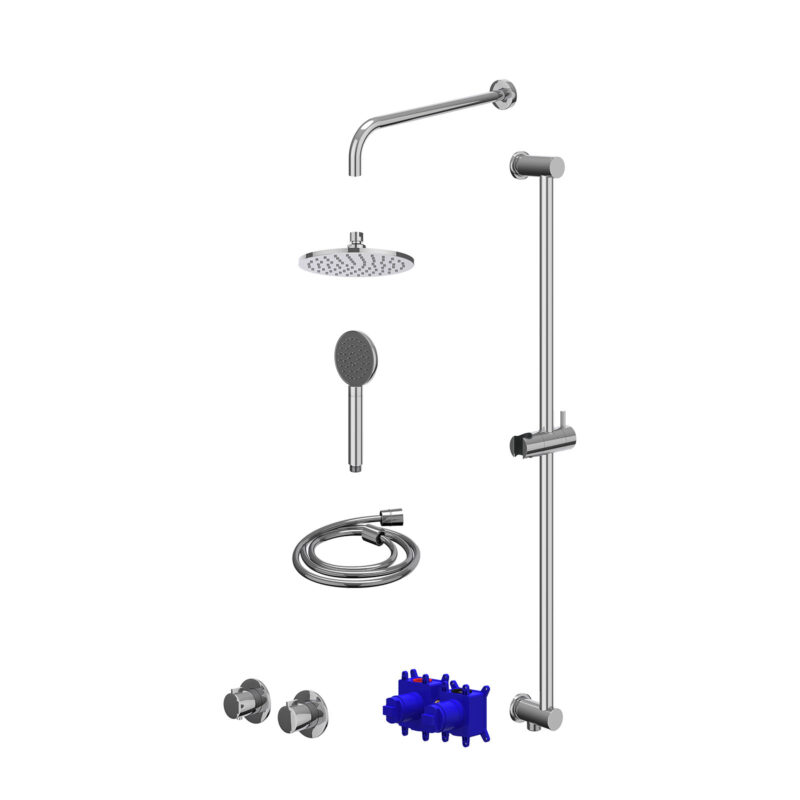 Regendoucheset inbouwthermostaatkraan met 2-weg stop-omstel symmetry, 40cm wandarm, R20cmME, glijstang met uitlaat, doucheslang 150cm en satin spray handdouche