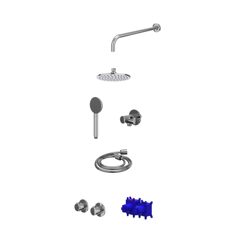 Regendoucheset inbouwthermostaatkraan met 2-weg stop-omstel symmetry, 40cm wandarm, R20cmME, verstelbare steun met geïnt. uitlaat, doucheslang 150cm en satin spray handdouche