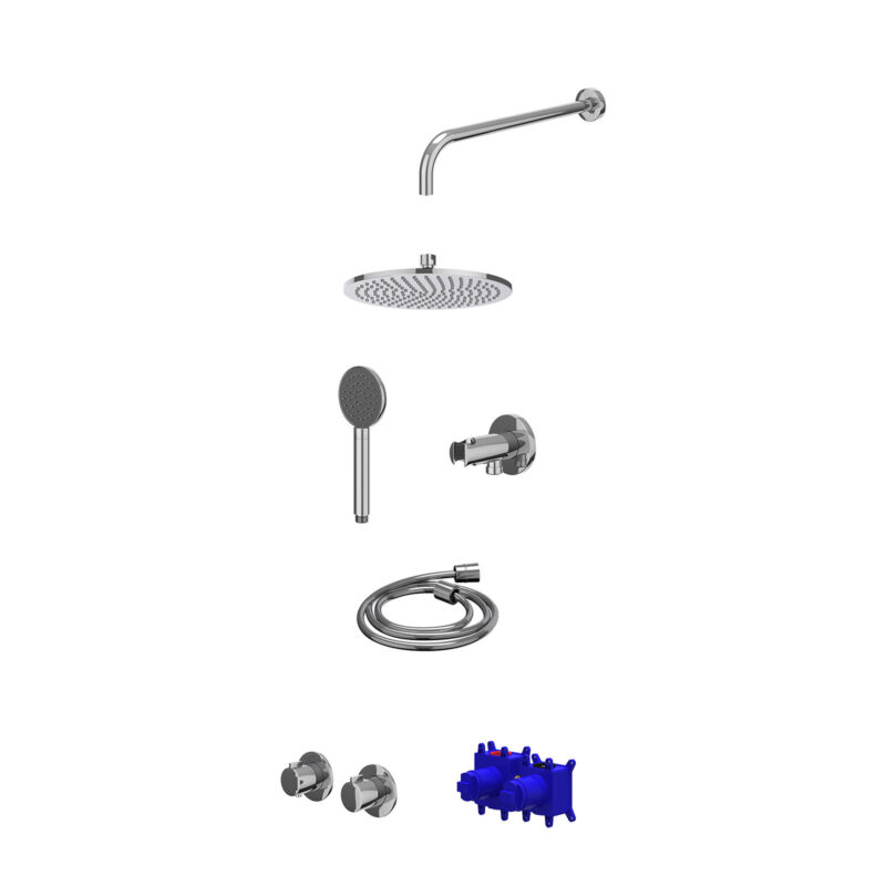 Regendoucheset inbouwthermostaatkraan met 2-weg stop-omstel symmetry, 40cm wandarm, R25cmME, houder met uitlaat, doucheslang 