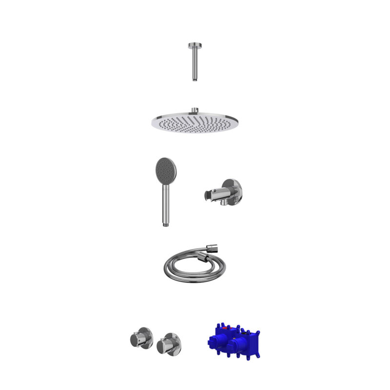 Regendoucheset inbouwthermostaatkraan met 2-weg stop-omstel symmetry, 15cm plafondbuis, R30cmME, houder met uitlaat, doucheslang 150cm en satin spray handdouche