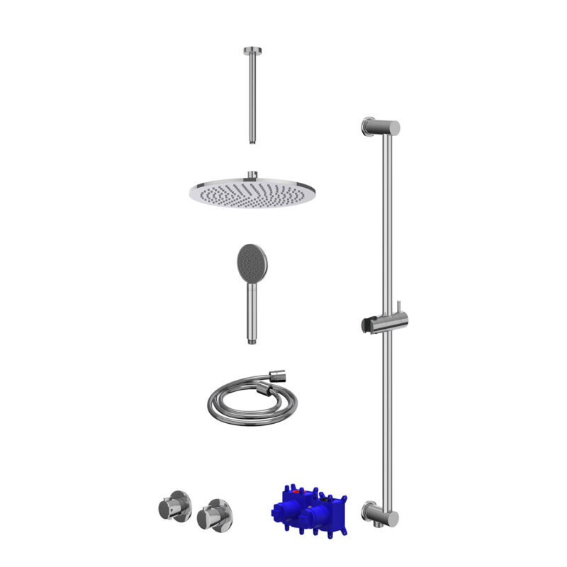 Regendoucheset inbouwthermostaatkraan met 2-weg stop-omstel symmetry, 30cm plafondbuis, R30cmME, glijstang met uitlaat, doucheslang 150cm en satin spray handdouche
