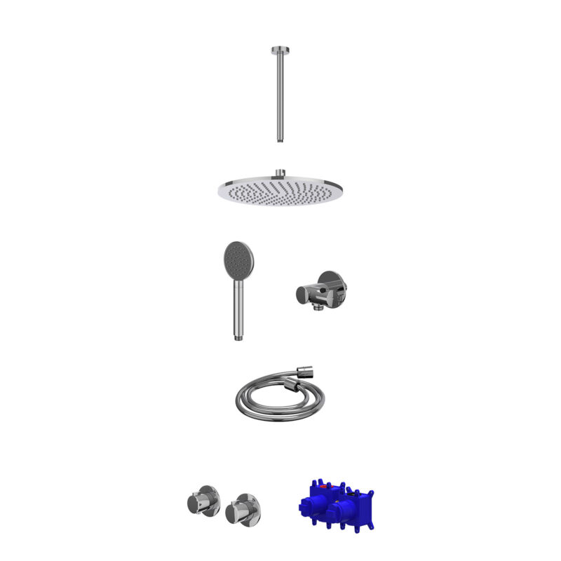 Regendoucheset inbouwthermostaatkraan met 2-weg stop-omstel symmetry, 30cm plafondbuis, R30cmME, verstelbare steun met geïnt. uitlaat, doucheslang 150cm en satin spray handdouche
