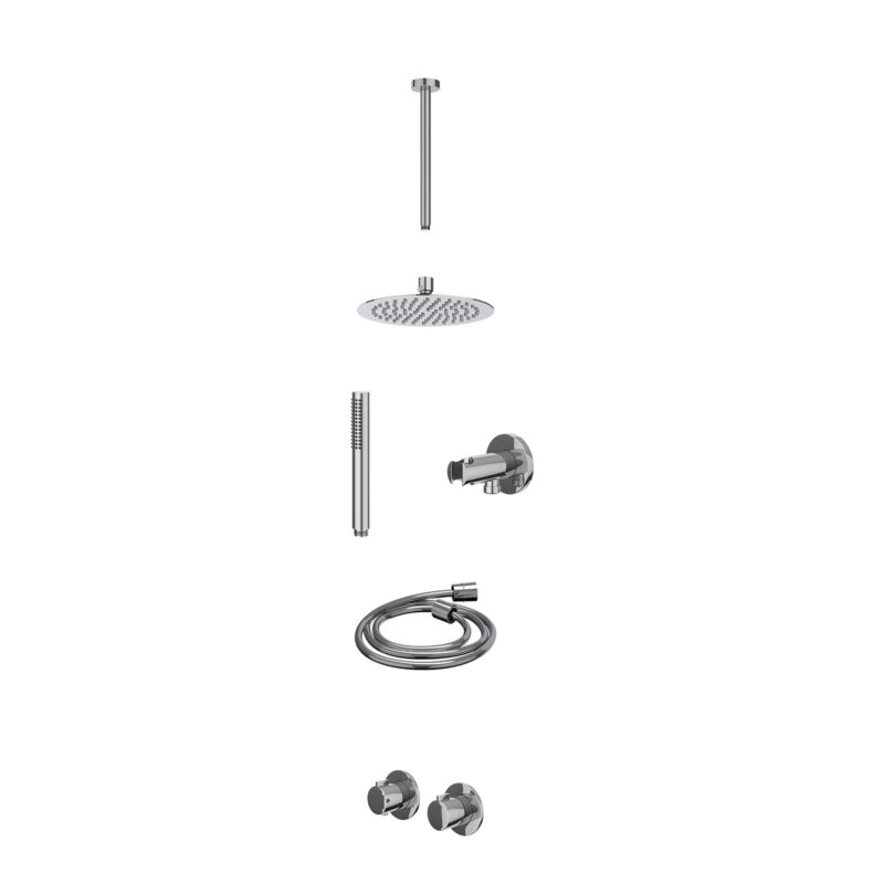 Excl. inbouwbox regendoucheset inbouwthermostaatkraan met 2-weg stop-omstel symmetry, 30cm plafondbuis, R20cmSL, houder met uitlaat, doucheslang 150cm en staafmodel