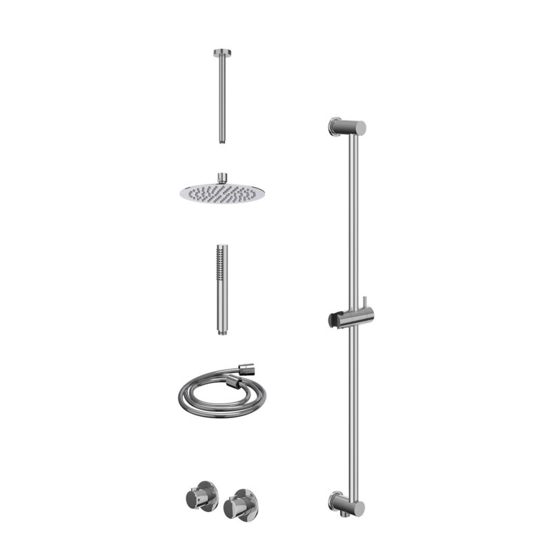 Excl. inbouwbox regendoucheset inbouwthermostaatkraan met 2-weg stop-omstel symmetry, 30cm plafondbuis, R20cmSL, glijstang met uitlaat, doucheslang 150cm en staafmodel