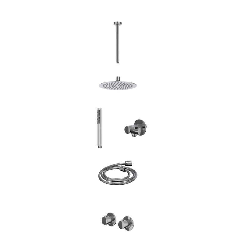 Excl. inbouwbox regendoucheset inbouwthermostaatkraan met 2-weg stop-omstel symmetry, 30cm plafondbuis, R20cmSL, verstelbare steun met geïnt. uitlaat, doucheslang 150cm en staafmodel
