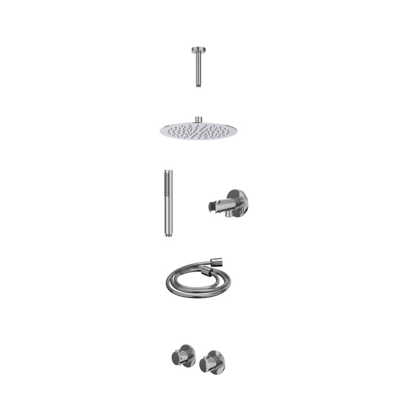 Excl. inbouwbox regendoucheset inbouwthermostaatkraan met 2-weg stop-omstel symmetry, 15cm plafondbuis, R25cmSL, houder met uitlaat, doucheslang 150cm en staafmodel