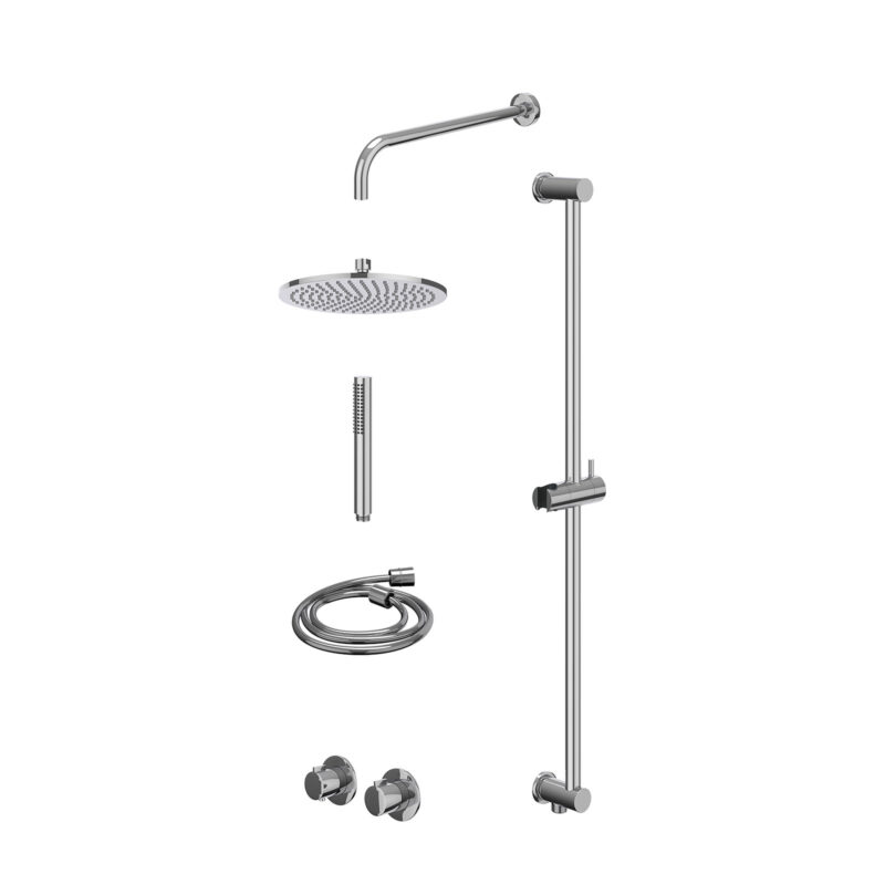 Excl. inbouwbox regendoucheset inbouwthermostaatkraan met 2-weg stop-omstel symmetry, 40cm wandarm, R25cmME, glijstang met uitlaat, doucheslang 150cm en staafmodel