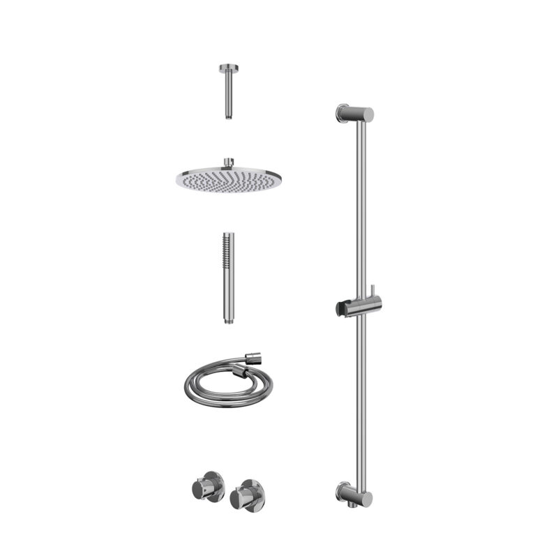 Excl. inbouwbox regendoucheset inbouwthermostaatkraan met 2-weg stop-omstel symmetry, 15cm plafondbuis, R25cmME, glijstang met uitlaat, doucheslang 150cm en staafmodel