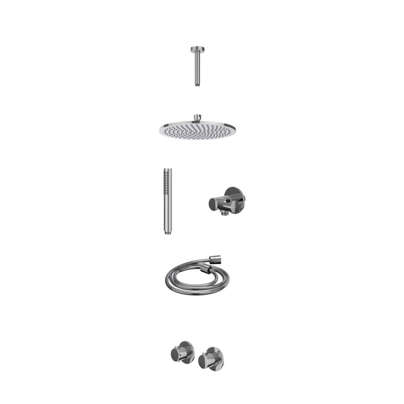 Excl. inbouwbox regendoucheset inbouwthermostaatkraan met 2-weg stop-omstel symmetry, 15cm plafondbuis, R25cmME, verstelbare steun met geïnt. uitlaat, doucheslang 150cm en staafmodel