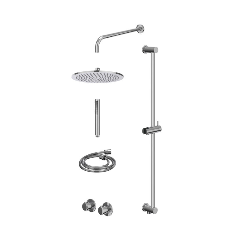 Excl. inbouwbox regendoucheset inbouwthermostaatkraan met 2-weg stop-omstel symmetry, 40cm wandarm, R30cmME, glijstang met uitlaat, doucheslang 150cm en staafmodel