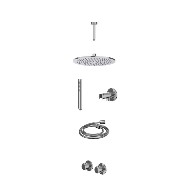 Excl. inbouwbox regendoucheset inbouwthermostaatkraan met 2-weg stop-omstel symmetry, 15cm plafondbuis, R30cmME, houder met uitlaat, doucheslang 150cm en staafmodel