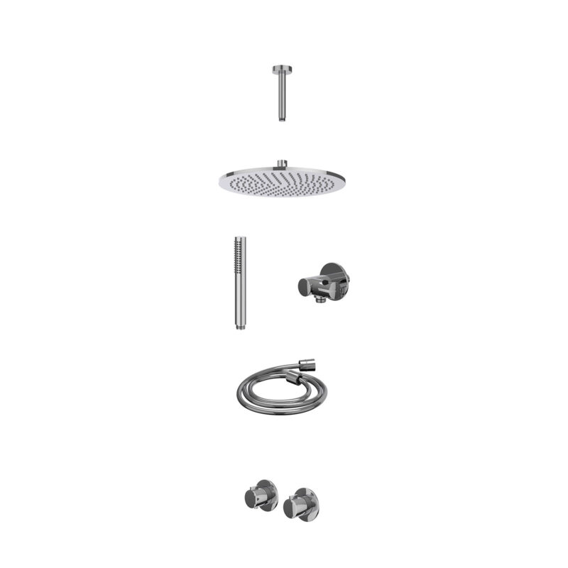 Excl. inbouwbox regendoucheset inbouwthermostaatkraan met 2-weg stop-omstel symmetry, 15cm plafondbuis, R30cmME, verstelbare steun met geïnt. uitlaat, doucheslang 150cm en staafmodel