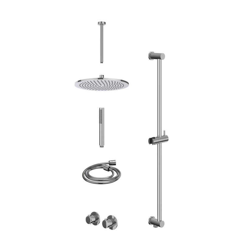 Excl. inbouwbox regendoucheset inbouwthermostaatkraan met 2-weg stop-omstel symmetry, 30cm plafondbuis, R30cmME, glijstang met uitlaat, doucheslang 150cm en staafmodel