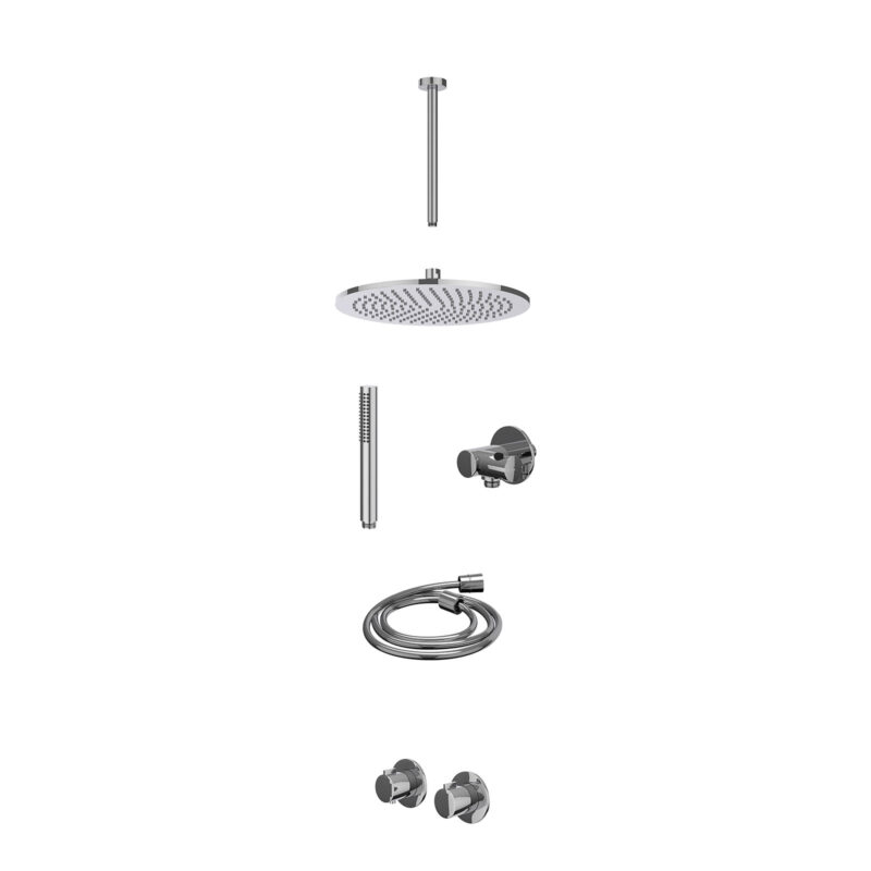 Excl. inbouwbox regendoucheset inbouwthermostaatkraan met 2-weg stop-omstel symmetry, 30cm plafondbuis, R30cmME, verstelbare steun met geïnt. uitlaat, doucheslang 150cm en staafmodel