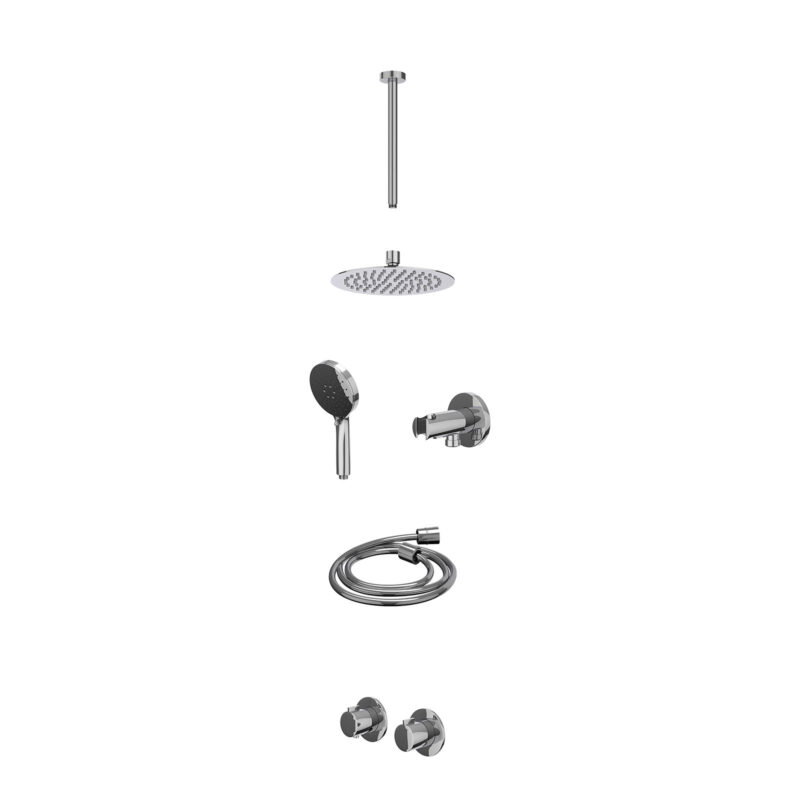 Excl. inbouwbox regendoucheset inbouwthermostaatkraan met 2-weg stop-omstel symmetry, 30cm plafondbuis, R20cmSL, houder met uitlaat, doucheslang 150cm en 3-standen handdouche