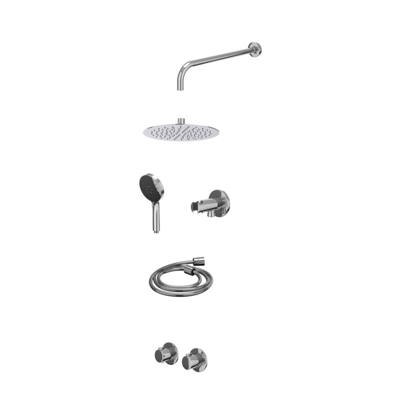 Excl. inbouwbox regendoucheset inbouwthermostaatkraan met 2-weg stop-omstel symmetry, 40cm wandarm, R25cmSL, houder met uitlaat, doucheslang 150cm en 3-standen handdouche