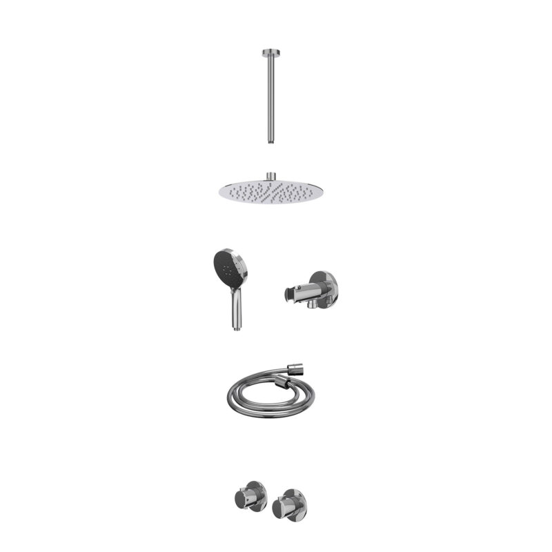 Winkelwagen 28 Excl. inbouwbox regendoucheset inbouwthermostaatkraan met 2-weg stop-omstel symmetry, 30cm plafondbuis, R25cmSL, houder met uitlaat, doucheslang 150cm en 3-standen handdouche
