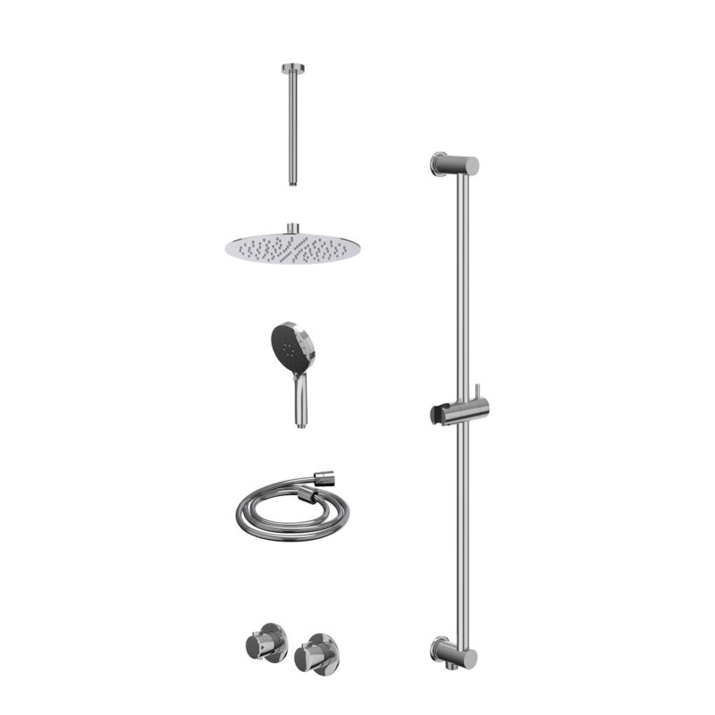 Excl. inbouwbox regendoucheset inbouwthermostaatkraan met 2-weg stop-omstel symmetry, 30cm plafondbuis, R25cmSL, glijstang met uitlaat, doucheslang 150cm en 3-standen handdouche
