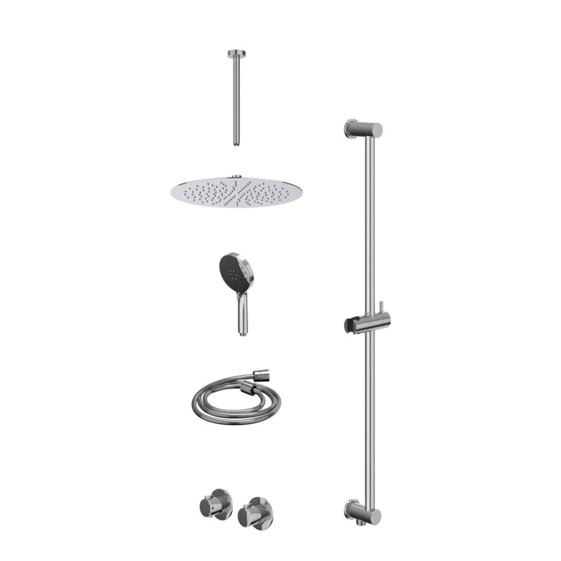 Excl. inbouwbox regendoucheset inbouwthermostaatkraan met 2-weg stop-omstel symmetry, 30cm plafondbuis, R30cmSL, glijstang met uitlaat, doucheslang 150cm en 3-standen handdouche