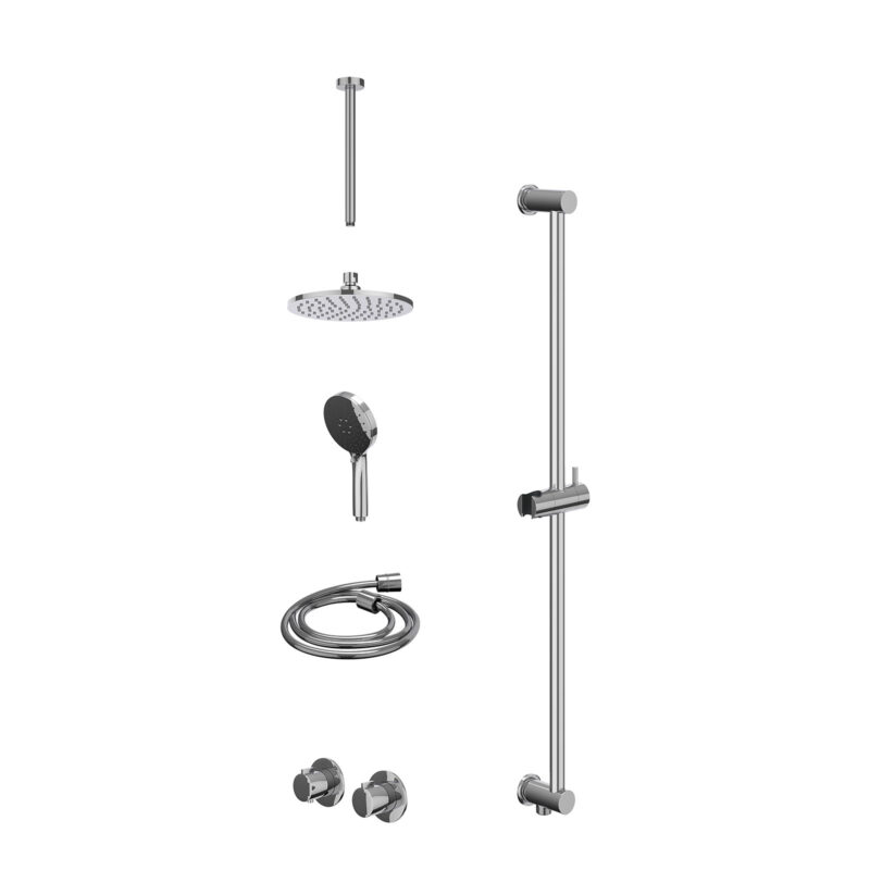 Excl. inbouwbox regendoucheset inbouwthermostaatkraan met 2-weg stop-omstel symmetry, 30cm plafondbuis, R20cmME, glijstang met uitlaat, doucheslang 150cm en 3-standen handdouche