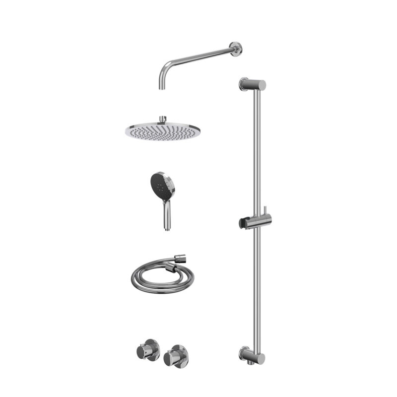 Excl. inbouwbox regendoucheset inbouwthermostaatkraan met 2-weg stop-omstel symmetry, 40cm wandarm, R25cmME, glijstang met uitlaat, doucheslang 150cm en 3-standen handdouche