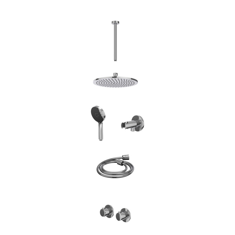 Winkelwagen 21 Excl. inbouwbox regendoucheset inbouwthermostaatkraan met 2-weg stop-omstel symmetry, 30cm plafondbuis, R25cmME, houder met uitlaat, doucheslang 150cm en 3-standen handdouche