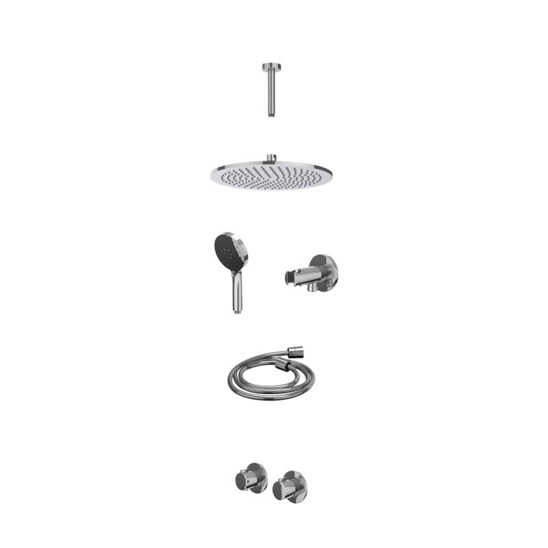 Excl. inbouwbox regendoucheset inbouwthermostaatkraan met 2-weg stop-omstel symmetry, 15cm plafondbuis, R30cmME, houder met uitlaat, doucheslang 150cm en 3-standen handdouche