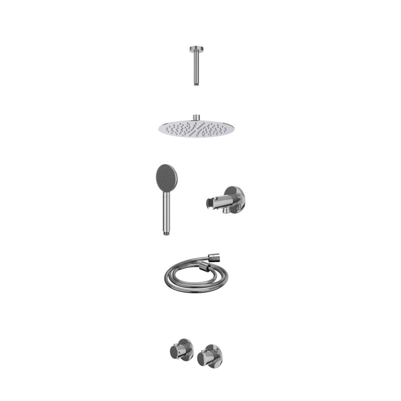 Excl. inbouwbox regendoucheset inbouwthermostaatkraan met 2-weg stop-omstel symmetry, 15cm plafondbuis, R25cmSL, houder met uitlaat, doucheslang 150cm en satin spray handdouche
