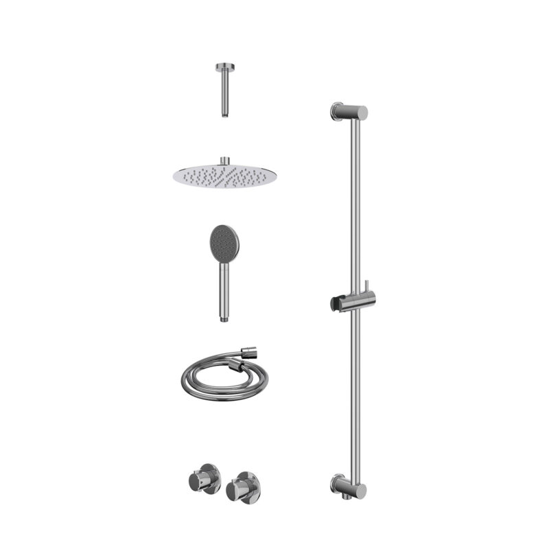 Excl. inbouwbox regendoucheset inbouwthermostaatkraan met 2-weg stop-omstel symmetry, 15cm plafondbuis, R25cmSL, glijstang met uitlaat, doucheslang 150cm en satin spray handdouche
