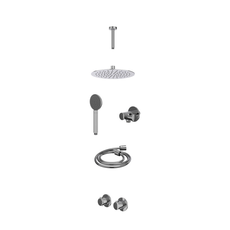 Excl. inbouwbox regendoucheset inbouwthermostaatkraan met 2-weg stop-omstel symmetry, 15cm plafondbuis, R25cmSL, verstelbare steun met geïnt. uitlaat, doucheslang 150cm en satin spray handdouche