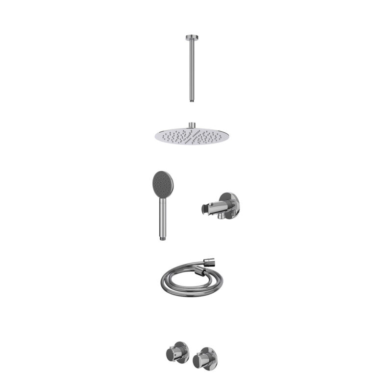 Excl. inbouwbox regendoucheset inbouwthermostaatkraan met 2-weg stop-omstel symmetry, 30cm plafondbuis, R25cmSL, houder met uitlaat, doucheslang 150cm en satin spray handdouche
