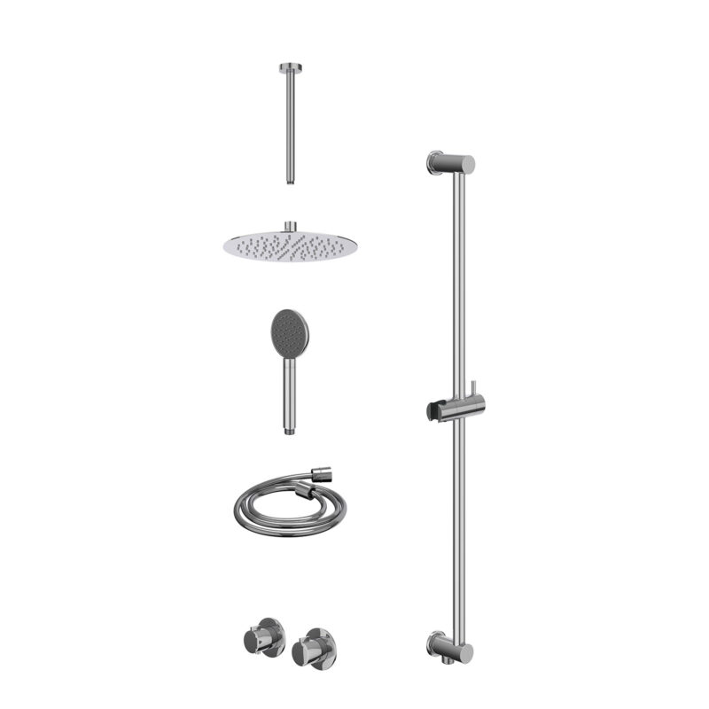 Excl. inbouwbox regendoucheset inbouwthermostaatkraan met 2-weg stop-omstel symmetry, 30cm plafondbuis, R25cmSL, glijstang met uitlaat, doucheslang 150cm en satin spray handdouche