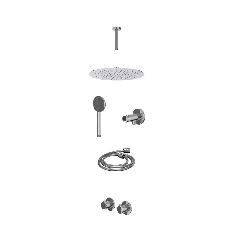 Excl. inbouwbox regendoucheset inbouwthermostaatkraan met 2-weg stop-omstel symmetry, 15cm plafondbuis, R30cmSL, houder met uitlaat, doucheslang 150cm en satin spray handdouche