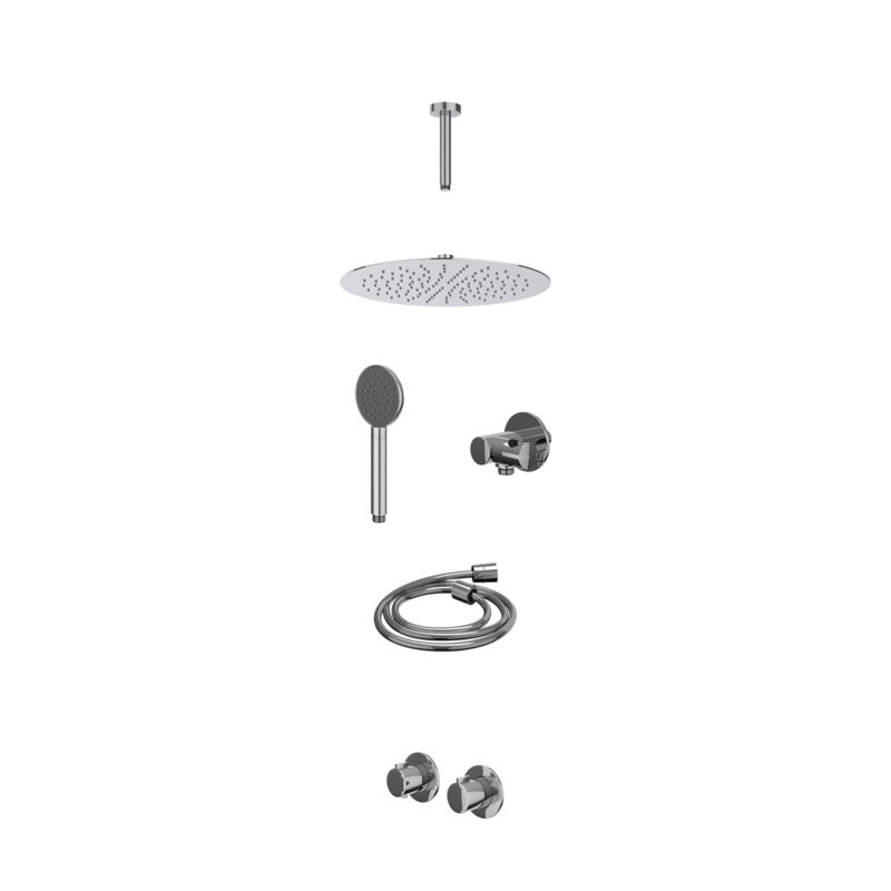 Excl. inbouwbox regendoucheset inbouwthermostaatkraan met 2-weg stop-omstel symmetry, 15cm plafondbuis, R30cmSL, verstelbare steun met geïnt. uitlaat, doucheslang 150cm en satin spray handdouche