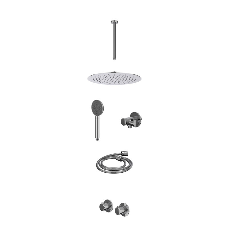 Excl. inbouwbox regendoucheset inbouwthermostaatkraan met 2-weg stop-omstel symmetry, 30cm plafondbuis, R30cmSL, verstelbare steun met geïnt. uitlaat, doucheslang 150cm en satin spray handdouche