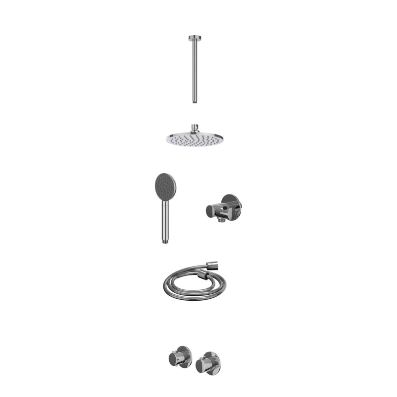 Excl. inbouwbox regendoucheset inbouwthermostaatkraan met 2-weg stop-omstel symmetry, 30cm plafondbuis, R20cmME, verstelbare steun met geïnt. uitlaat, doucheslang 150cm en satin spray handdouche