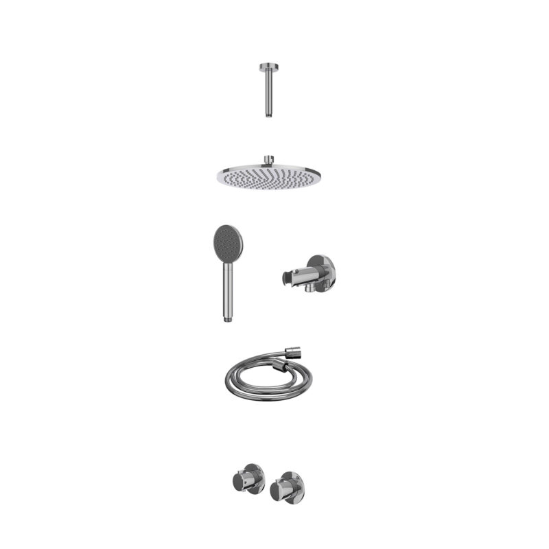 Excl. inbouwbox regendoucheset inbouwthermostaatkraan met 2-weg stop-omstel symmetry, 15cm plafondbuis, R25cmME, houder met uitlaat, doucheslang 150cm en satin spray handdouche