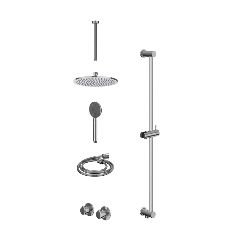 Excl. inbouwbox regendoucheset inbouwthermostaatkraan met 2-weg stop-omstel symmetry, 30cm plafondbuis, R25cmME, glijstang met uitlaat, doucheslang 150cm en satin spray handdouche