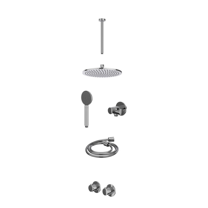 Excl. inbouwbox regendoucheset inbouwthermostaatkraan met 2-weg stop-omstel symmetry, 30cm plafondbuis, R25cmME, verstelbare steun met geïnt. uitlaat, doucheslang 150cm en satin spray handdouche