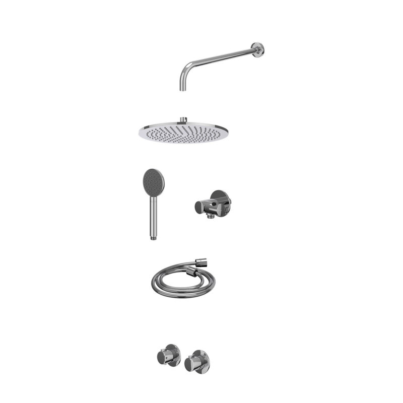 Excl. inbouwbox regendoucheset inbouwthermostaatkraan met 2-weg stop-omstel symmetry, 40cm wandarm, R30cmME, verstelbare steun met geïnt. uitlaat, doucheslang 150cm en satin spray handdouche